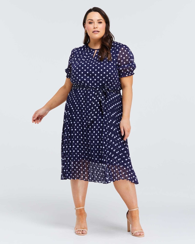 Front of a model wearing a size 2X Spot Midi Dress in Navy/Milk by Estelle. | dia_product_style_image_id:264520